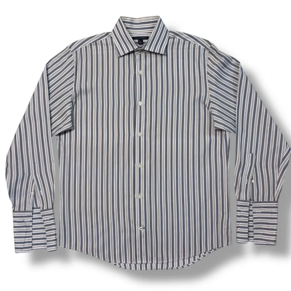 BANANA REPUBLIC Tan & Blue Striped Oxford Cotton Button Front Dress Shirt